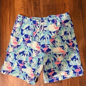 Source Unknown Blue Swim Trunks with Pink Flamingo and Aqua Leaf Print